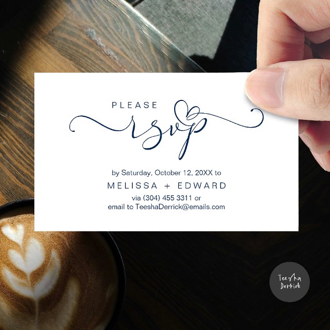 Beautiful Romantic Wedding Invites RSVP Card (Wedding invitation RSVP via Phone or email respond reminder Enclosure Card in aesthetic Navy Blue)
