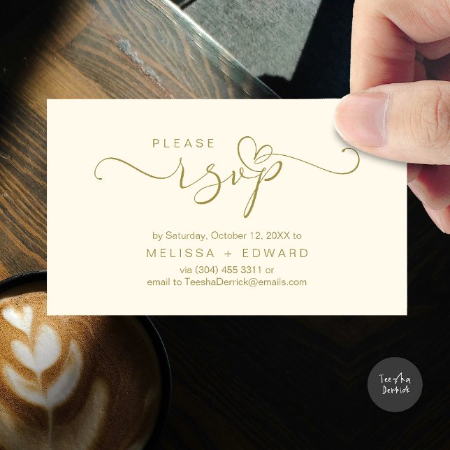 Beautiful Romantic Wedding Invites RSVP Card (Wedding invitation RSVP via Phone or email respond reminder Enclosure Card in aesthetic Yellow Gold)