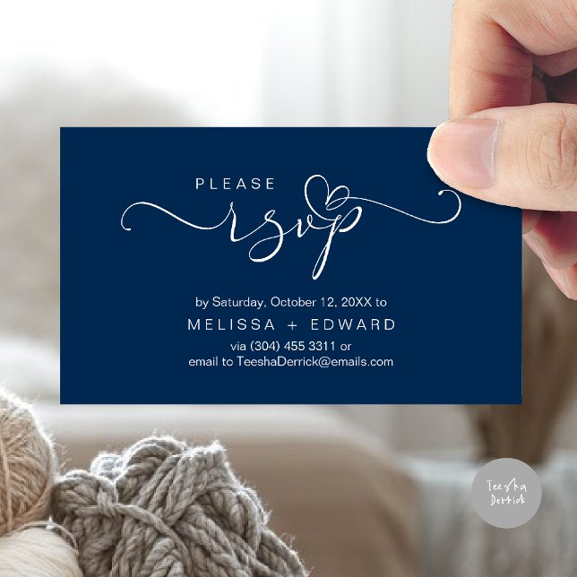 Beautiful Romantic Wedding Invites RSVP Card (Wedding invitation RSVP via Phone or email respond reminder Enclosure Card in aesthetic Navy Blue)