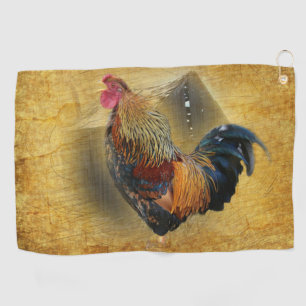 Beautiful Rooster and Rustic Barn Chicken Coop Golf Towel