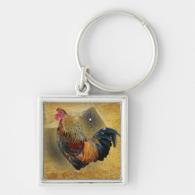 Beautiful Rooster and Rustic Barn Chicken Coop Key Ring (Front)