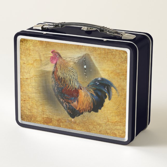 Beautiful Rooster and Rustic Barn Chicken Coop Metal Lunch Box (Back)