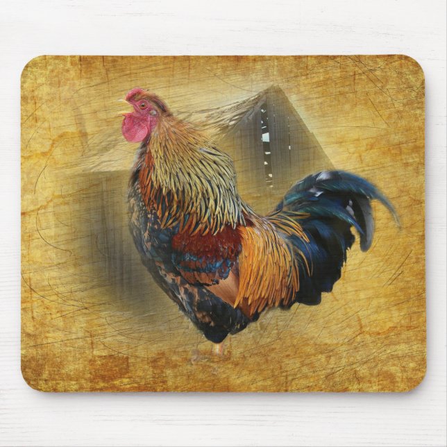 Beautiful Rooster and Rustic Barn Chicken Coop Mouse Pad (Front)