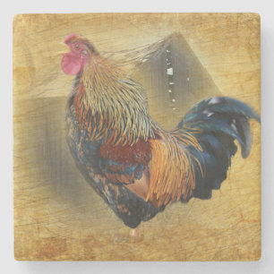 Beautiful Rooster and Rustic Barn Chicken Coop Stone Coaster