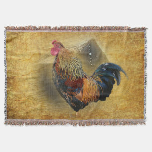 Beautiful Rooster and Rustic Barn Chicken Coop Throw Blanket