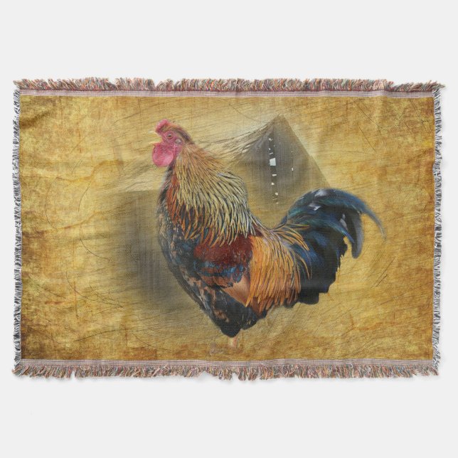 Beautiful Rooster and Rustic Barn Chicken Coop Throw Blanket (Front)