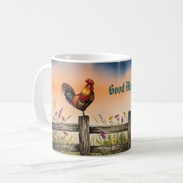 Beautiful Rooster on Fence and Wildflowers Mug (Front Left)
