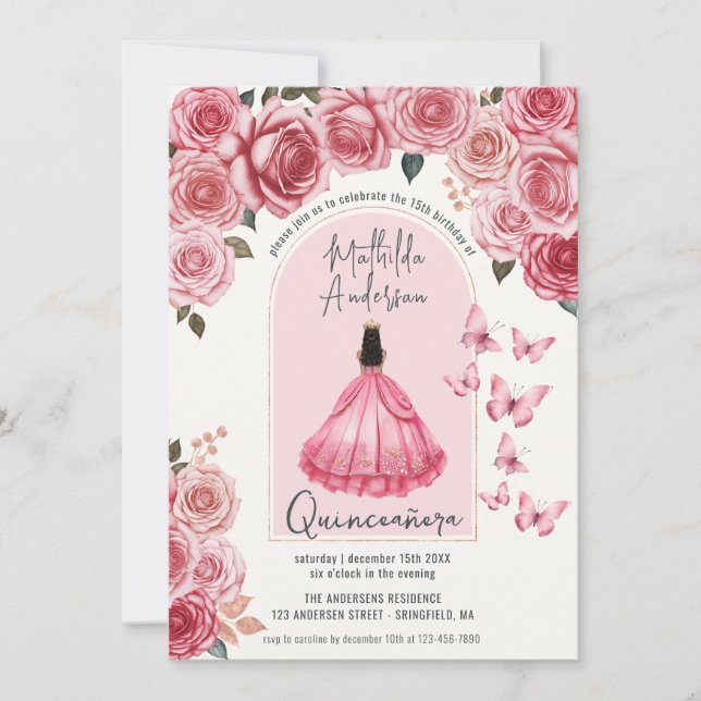 Beautiful Rose Gold Floral Princess Quinceanera  Invitation (Front)