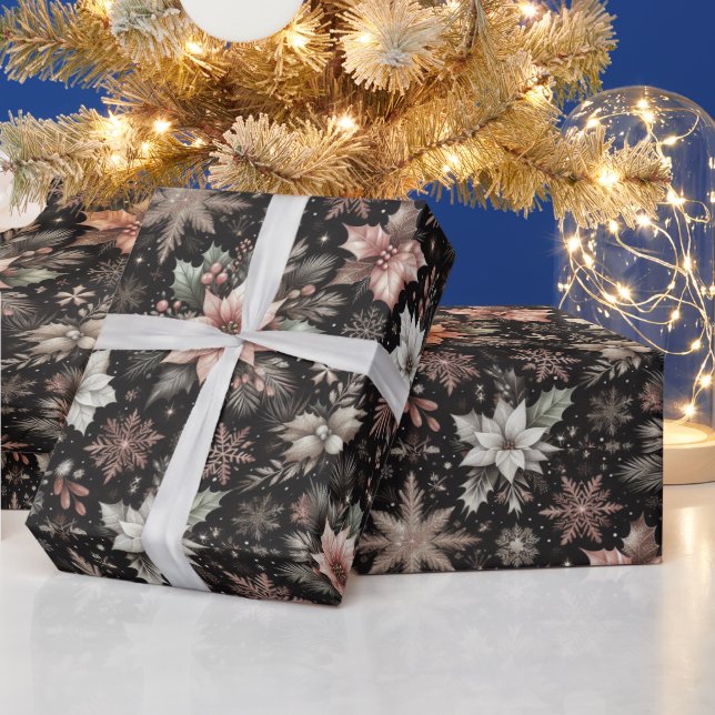 Beautiful Rose Gold Snowflakes and Poinsettias  Wrapping Paper (Holidays)