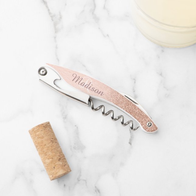 Beautiful Rose Gold Stylish Monogram Glitter Corkscrew (Front)