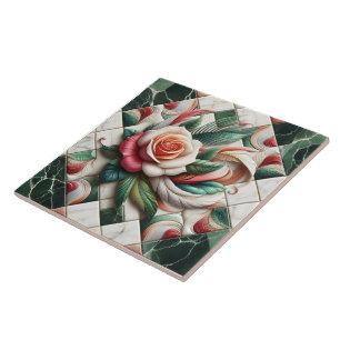 Beautiful Rose Mosaic Art With Colourful Leaves Ceramic Tile