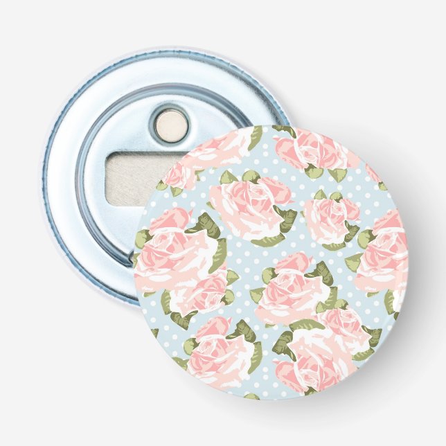 Beautiful rose pattern with blue polka dots bottle opener (Front)