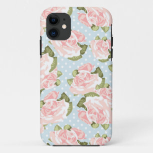 Beautiful rose pattern with blue polka dots iPhone 11 case