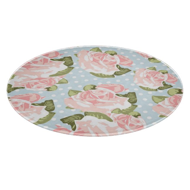 Beautiful rose pattern with blue polka dots cutting board (Corner)