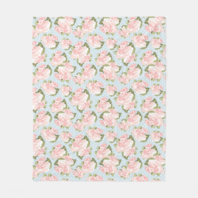 Beautiful rose pattern with blue polka dots fleece blanket (Front)
