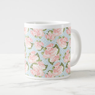Beautiful rose pattern with blue polka dots large coffee mug