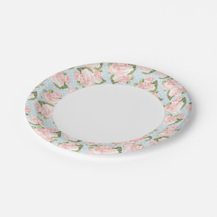 Beautiful rose pattern with blue polka dots paper plate