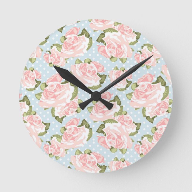 Beautiful rose pattern with blue polka dots round clock (Front)