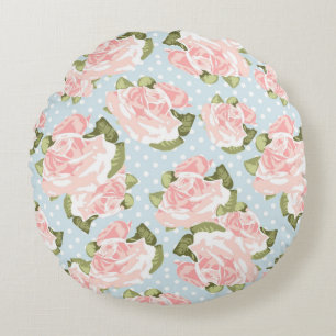 Beautiful rose pattern with blue polka dots round cushion