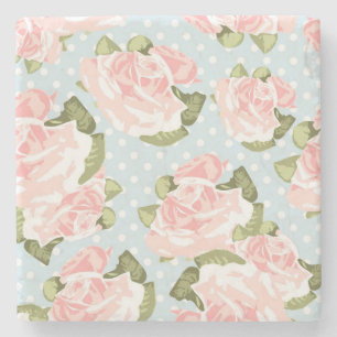 Beautiful rose pattern with blue polka dots stone coaster