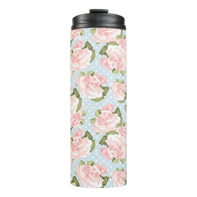 Beautiful rose pattern with blue polka dots thermal tumbler (Front)