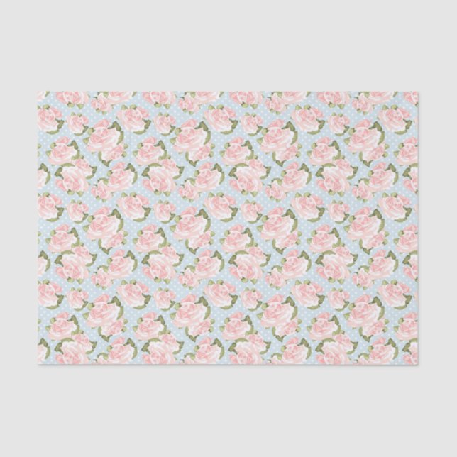 Beautiful rose pattern with blue polka dots tissue paper (Front)