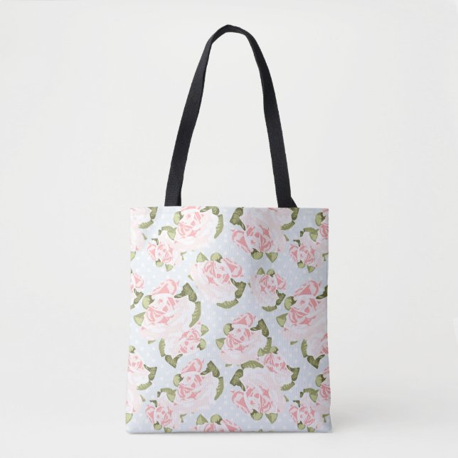Beautiful rose pattern with blue polka dots tote bag (Front)