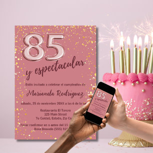 Beautiful Rose Pink Gold 85th Birthday Spanish Invitation