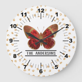 Beautiful Rose Red & Gold Butterfly Large Clock