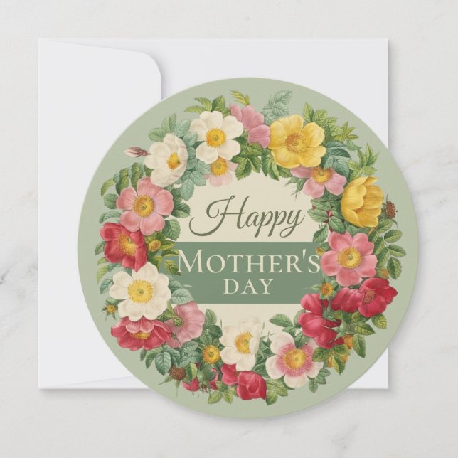 Beautiful rose wreath Redouté CC1117 Mother's day Holiday Card (Front)