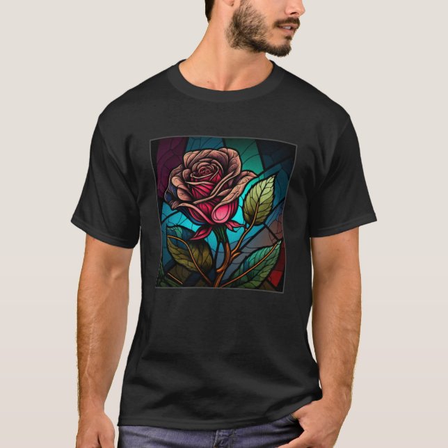 Beautiful Roses Illustration Stained Glass Realist T-Shirt (Front)