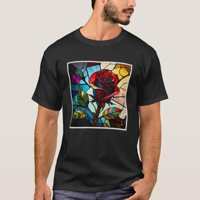 Beautiful Roses Illustration Stained Glass Realist T-Shirt (Front)