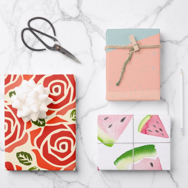 Beautiful roses red pink blue pattern birthday  wrapping paper sheet (Front)