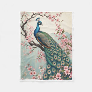 Beautiful Royal Peacock On Blooming Tree Branch Fl Fleece Blanket