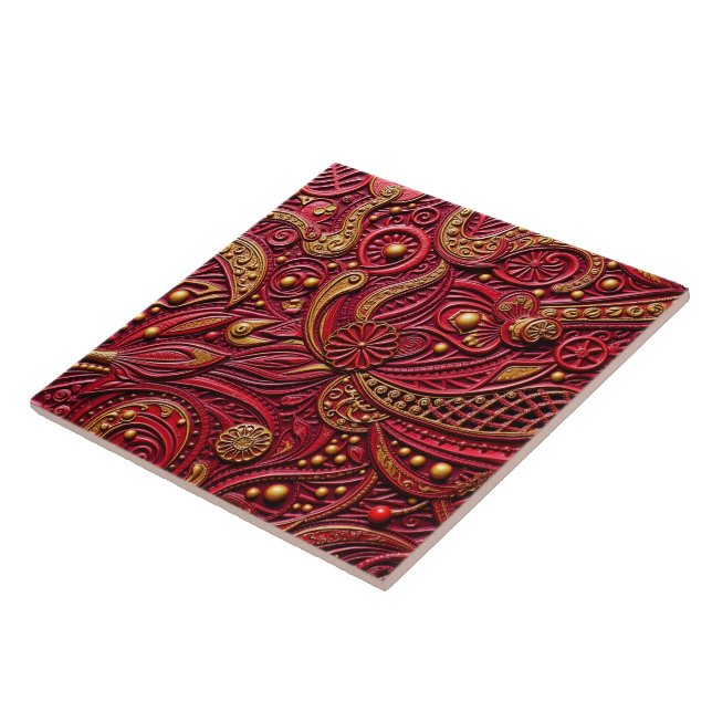 Beautiful Ruby Red & Gold Floral Abstract Ceramic Tile (Side)
