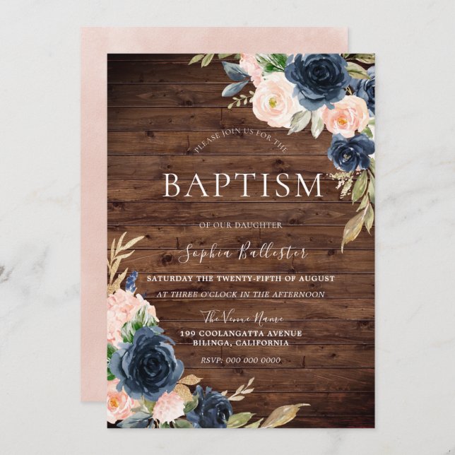 Beautiful Rustic Blush Navy Flowers Girls Baptism Invitation (Front/Back)