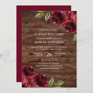 Beautiful Rustic Burgundy Red Flowers Wedding Invitation