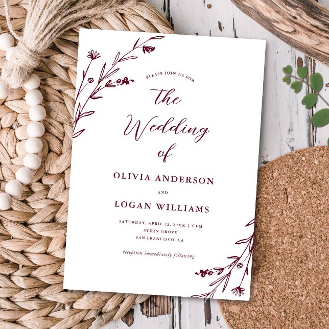 Beautiful Rustic Burgundy Wildflower Boho Wedding Invitation (Creator Uploaded)