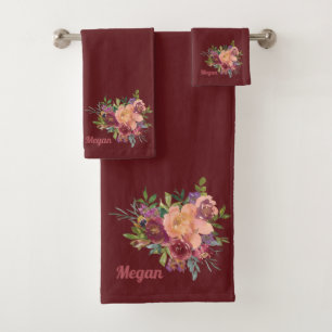Beautiful Rustic Floral Bouquet Red Burgundy Bath Towel Set