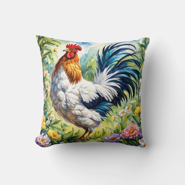 Beautiful Rustic Floral Rooster Throw Pillow (Front)