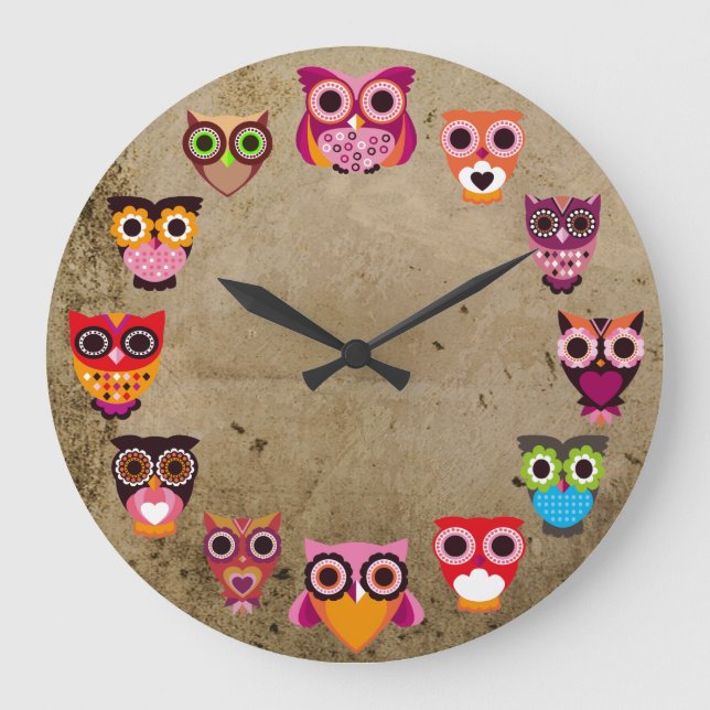 Beautiful Rustic Owls Large Clock (Front)