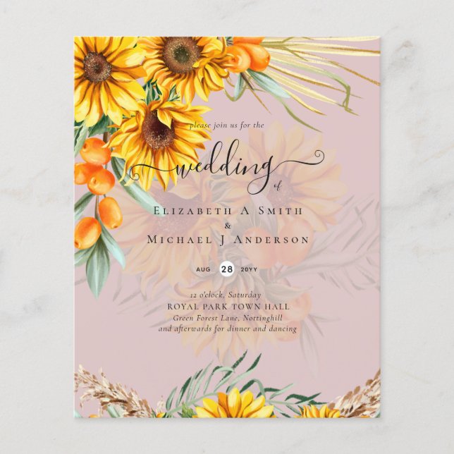 Beautiful Rustic Sunflowers Pampas Grass Wedding Flyer (Front)