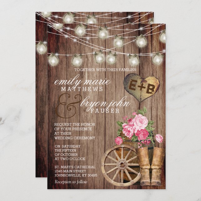 Beautiful Rustic Wood Barrel and Mauve Floral Invitation (Front/Back)