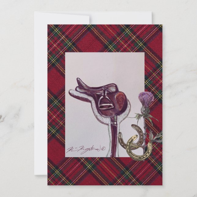 beautiful  saddle , plaid, thistle , horse shoes card (Front)