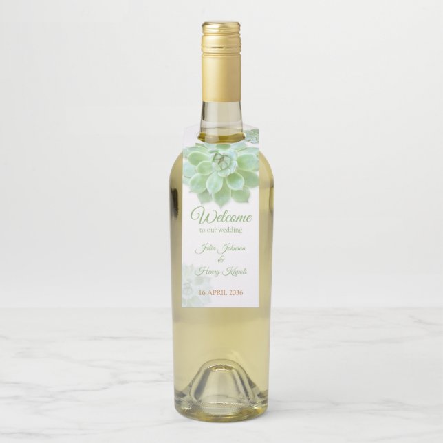 Beautiful Sage Succulent Wedding Bottle Tag (On Bottle)