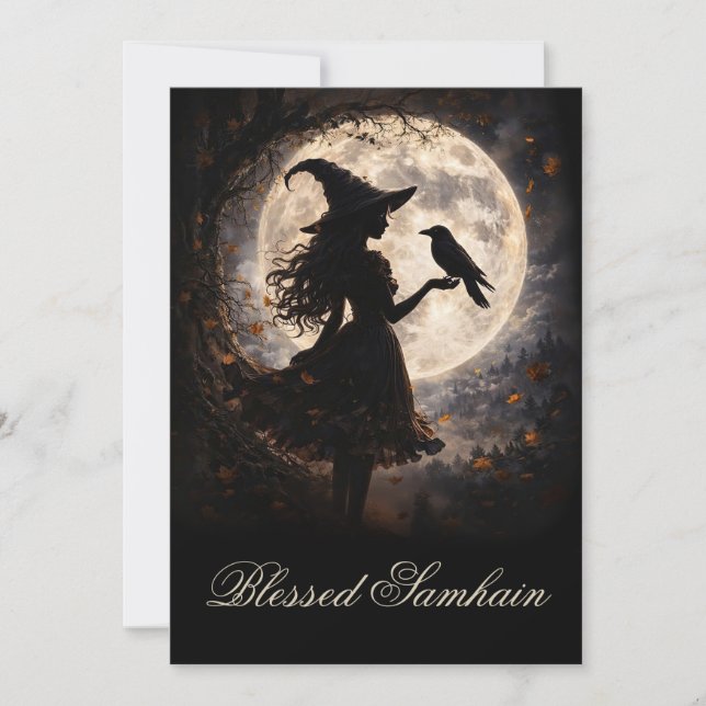 Beautiful Samhain Blessing with Witch and Raven (Front)