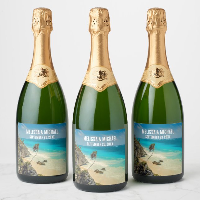 Beautiful Sandy Beach Tropical Paradise Wedding Sparkling Wine Label (Bottles)