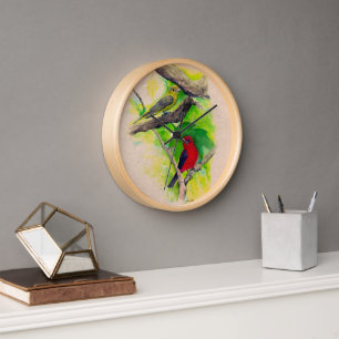 Beautiful Scarlet Tanagers Birds Painting Clock