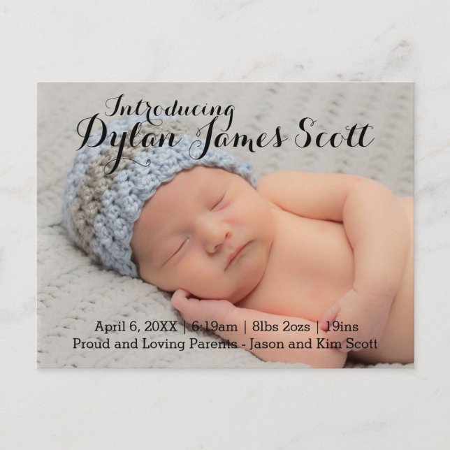 Beautiful Script Birth Announcement Postcard (Front)