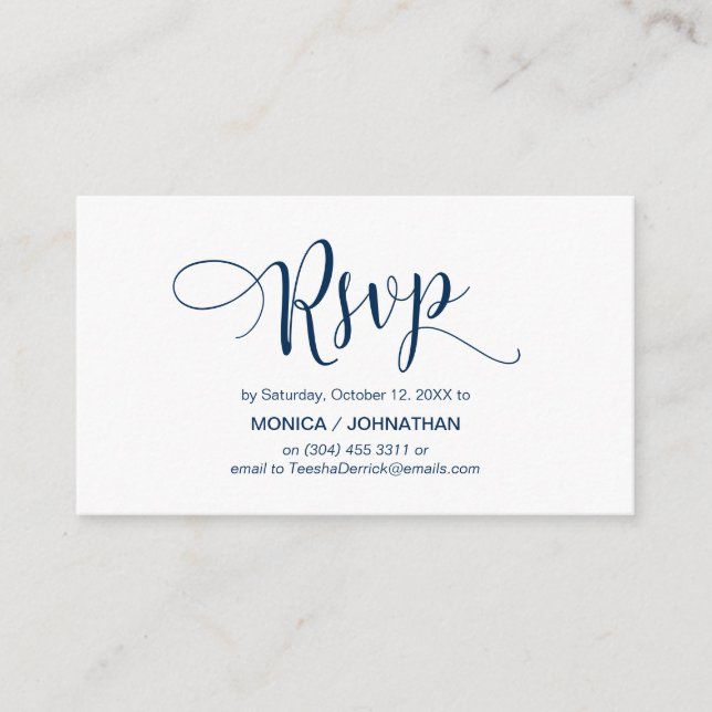 Beautiful Script, Navy Blue, RSVP respond Enclosure Card (Front)